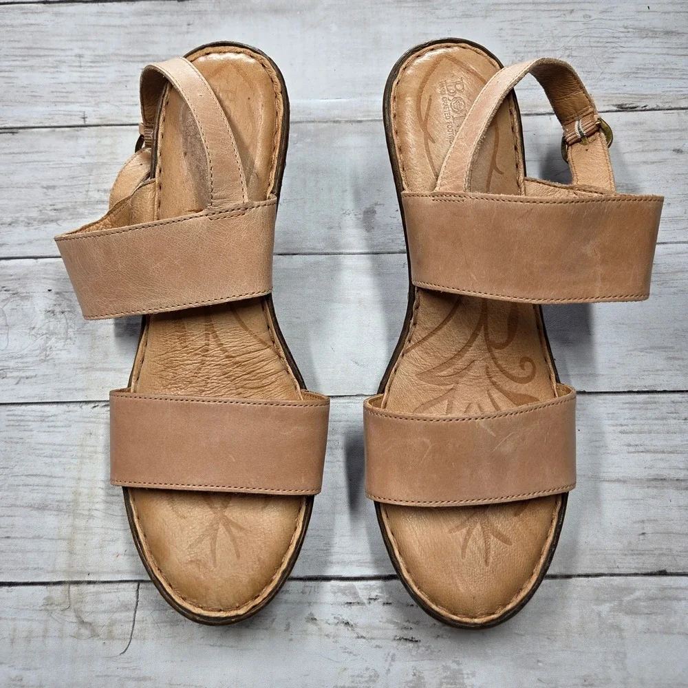 Born D91516 CCK15 Leather Wedge Slingback Sandals Women 12 Tan Nude Boho Comfort